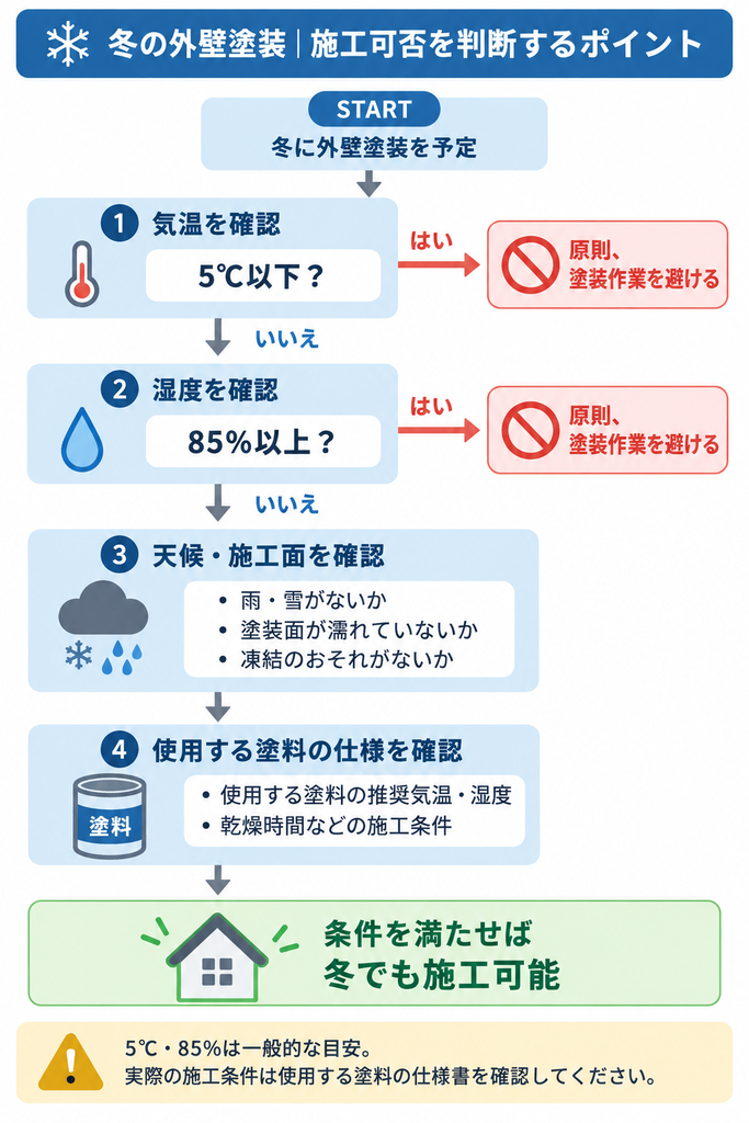 冬の外壁塗装で気温・湿度・天候・塗料仕様を確認し、施工可否を判断する流れを示した図解