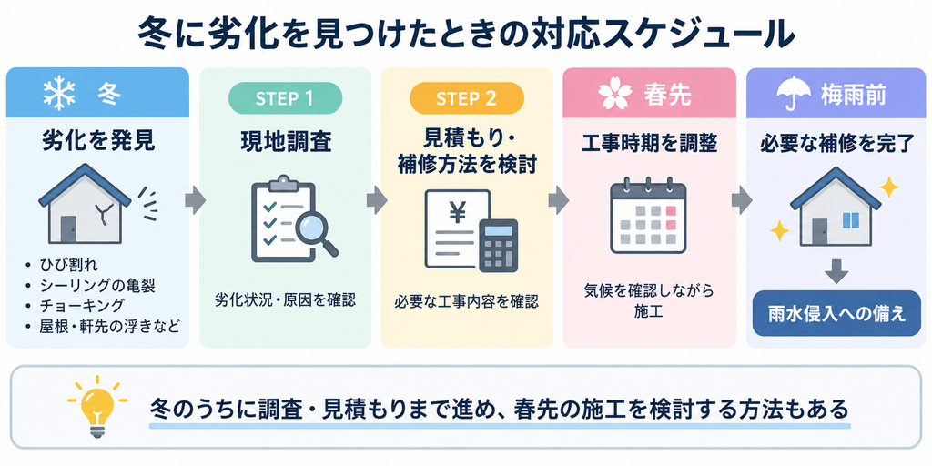 冬の劣化発見から調査・見積もり、春の施工、梅雨前の補修完了までを示す流れ図