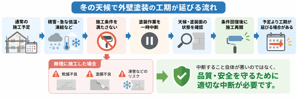 冬の天候で外壁塗装を中断し、品質と安全を守りながら条件回復後に施工を再開する流れを示す図解